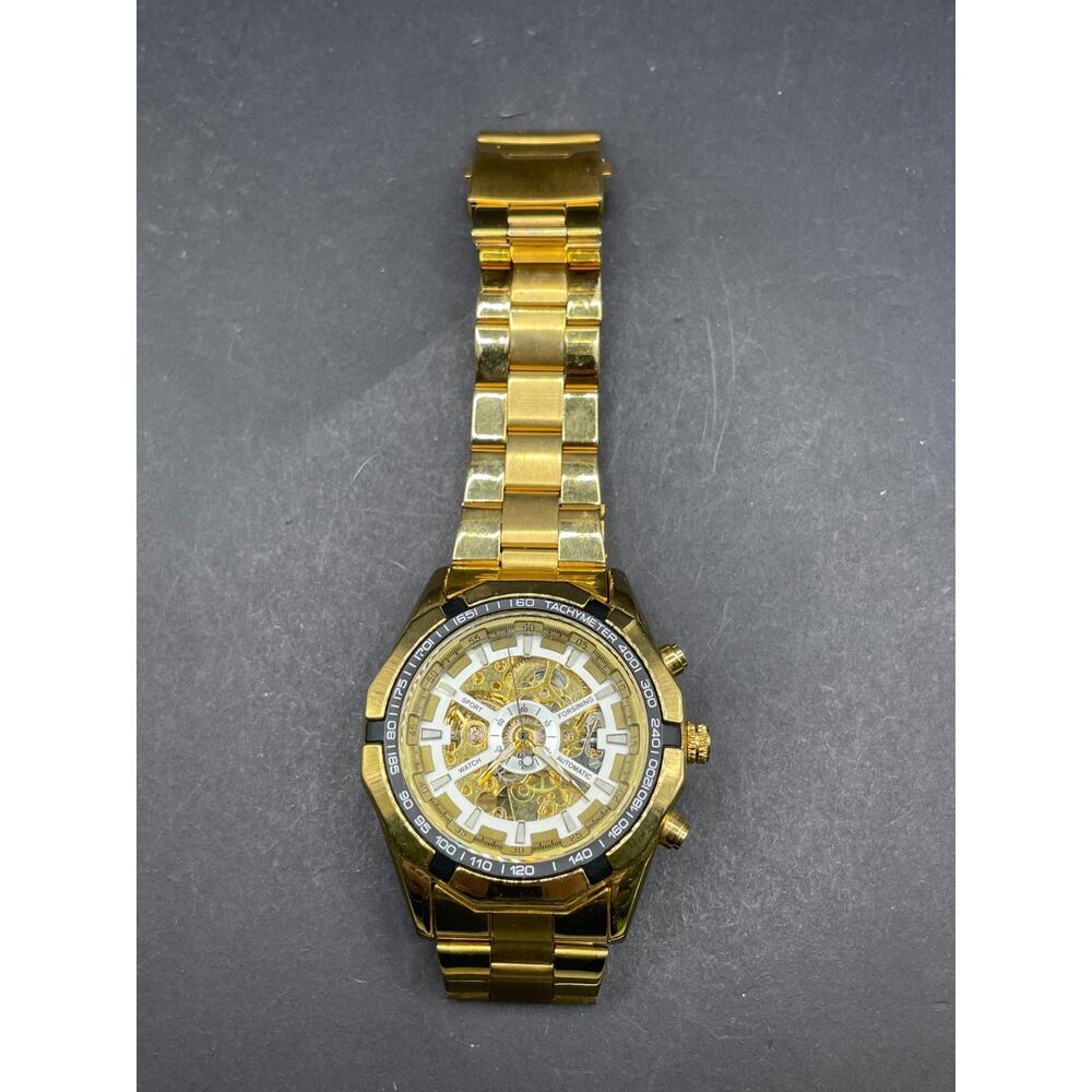 Forsining TM340 Mens Skeleton Stainless Steel Automatic Self-Winding Watch Gold
